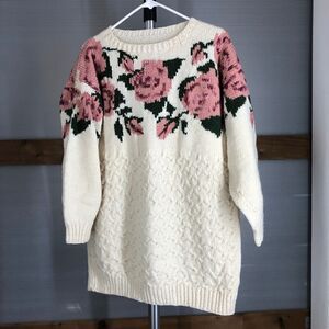HANDMADE Wool Blend Cream Fisherman Crewneck Cable Knit Sweater Floral Sz M/L/XL